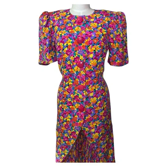 Vintage Nina Raynor 100% Silk Floral Multicolor‎ Statement Dress - Picture 3 of 13